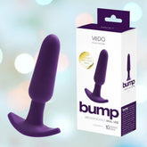 A purple, rechargeable anal vibrator featuring an ergonomic design is pictured beside its packaging labeled "VeDO bump" and "10 vibration modes." The background showcases a blurred gradient of light colors. The product, named VeDO Bump Waterproof Anal Vibrator, is from the brand VeDO.